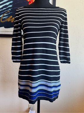 White House Black Market Black & White Striped Tunic Dress with Blue Hem